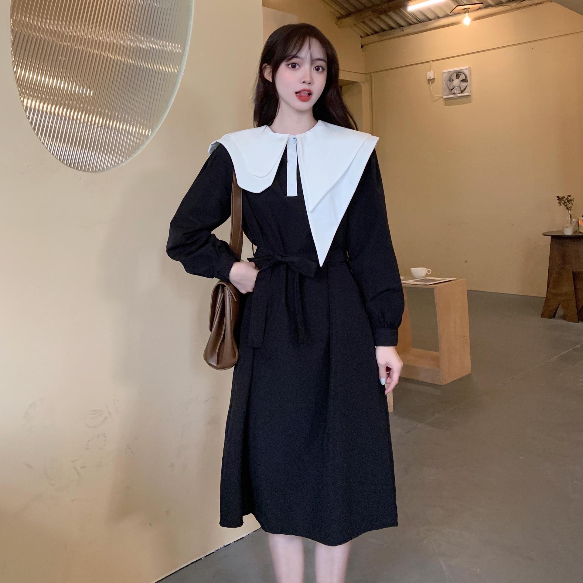 收腰连衣裙时尚绑带不规则翻领宽松韩版显瘦裙子胖mm大码女装秋装