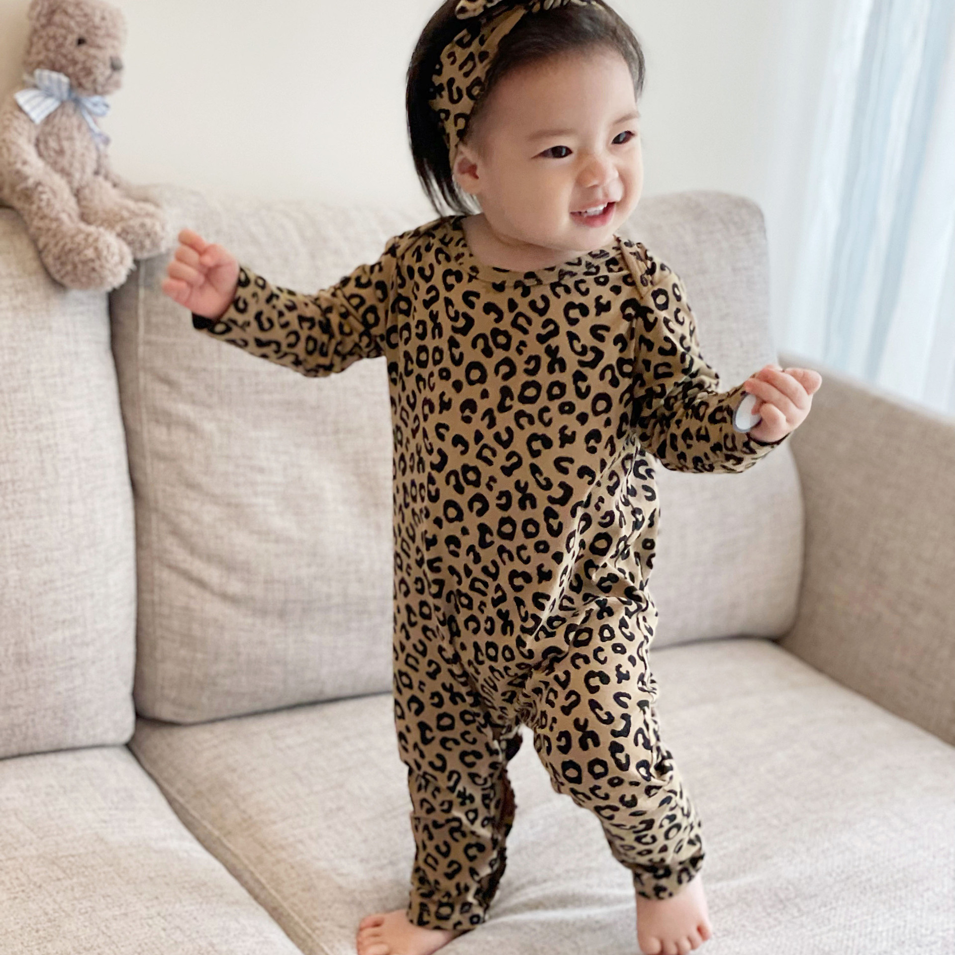 Ins Baby Girl Baby Clothes Western Style Leopard Print Baby Boy Spring and Autumn Cotton Long-Sleeved Jumpsuit Open-End Romper Suit