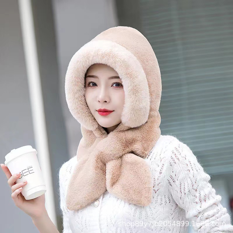 Autumn Winter Hat Scarf Integrated Women's Fleece-Lined Thickened Cold Protection Ear Protection Cycling Cap Plush Warm Scarf Wholesale