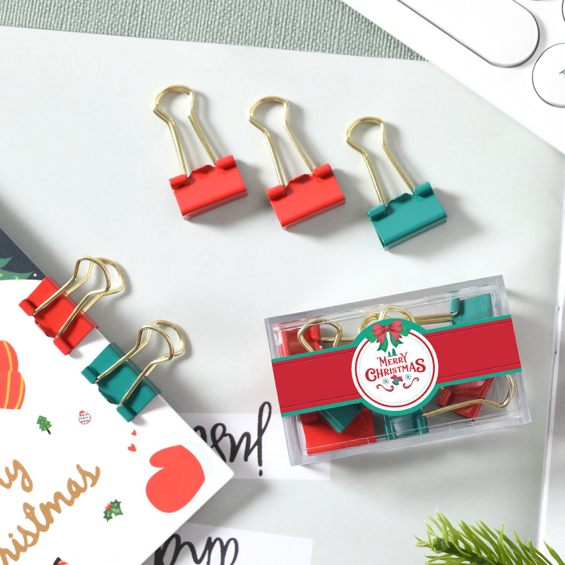 Amazon Christmas Small Square Box Office Binding Stationery Gift Ins Style Red Green Gold Clip Ticket Holder Pushpin