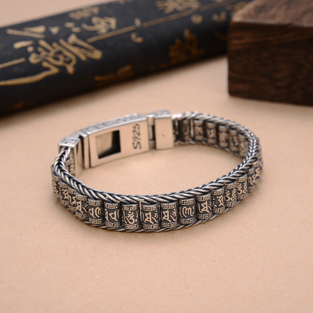 s925银路通转经筒手链男时尚转运珠六字真言个性复古做旧霸气手环