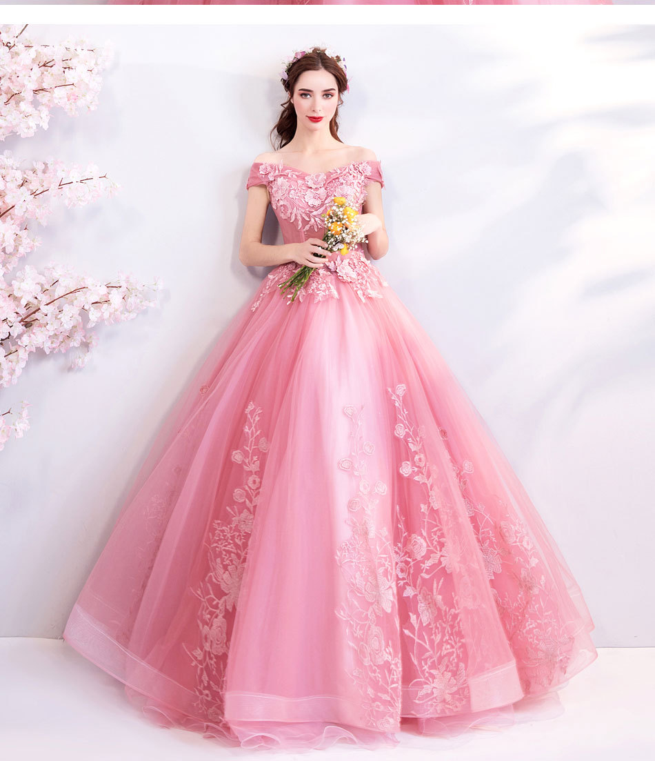 鲜花粉婚纱 一字肩粉色公主新娘齐地纱 结婚敬酒服婚纱晚宴礼服裙