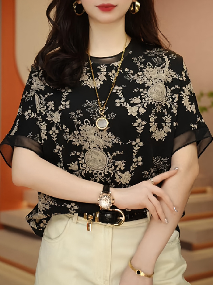 短袖t恤女夏季2024新款宽松大码减龄遮肚子雪纺百搭小衫上衣ing