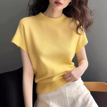 黄色正肩短袖T恤女2024夏季新款圆领小衫韩版宽松上衣 女式针织衫