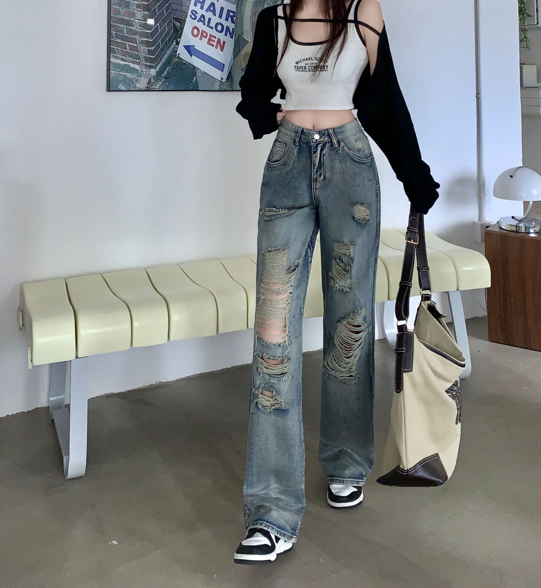 American Style Retro Tattered Jeans High Waist Denim Pants  Autumn New Loose Straight Slimming Trousers Ins Fashion