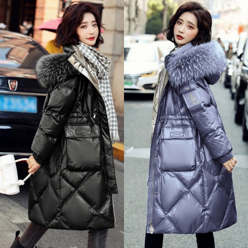 大毛领亮面白鸭绒羽绒服女2022冬新款韩版宽松中长羽绒袄大衣外套