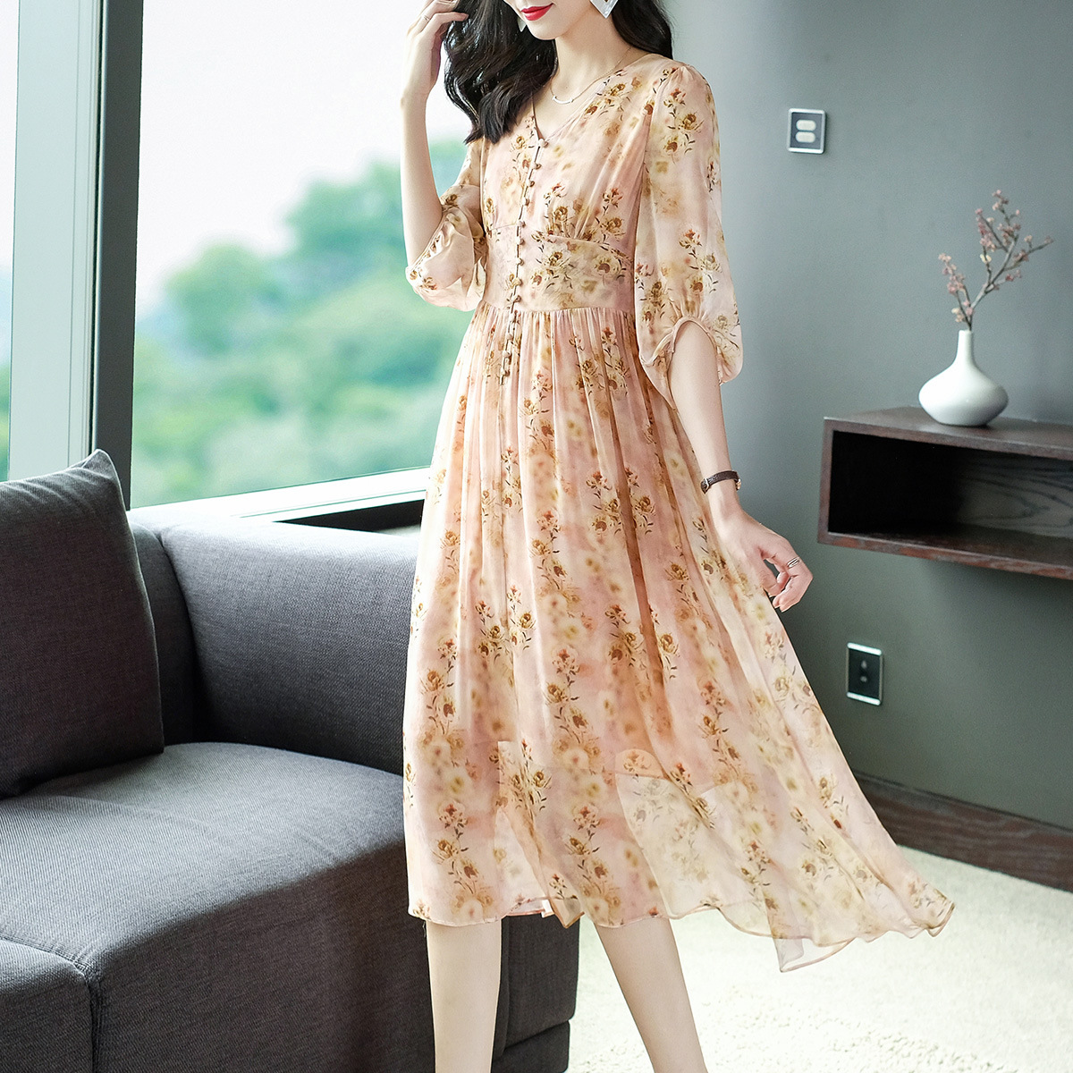 桑蚕丝连衣裙69271仙女裙粉色碎花真丝裙子海边度假气质长裙-阿里巴巴