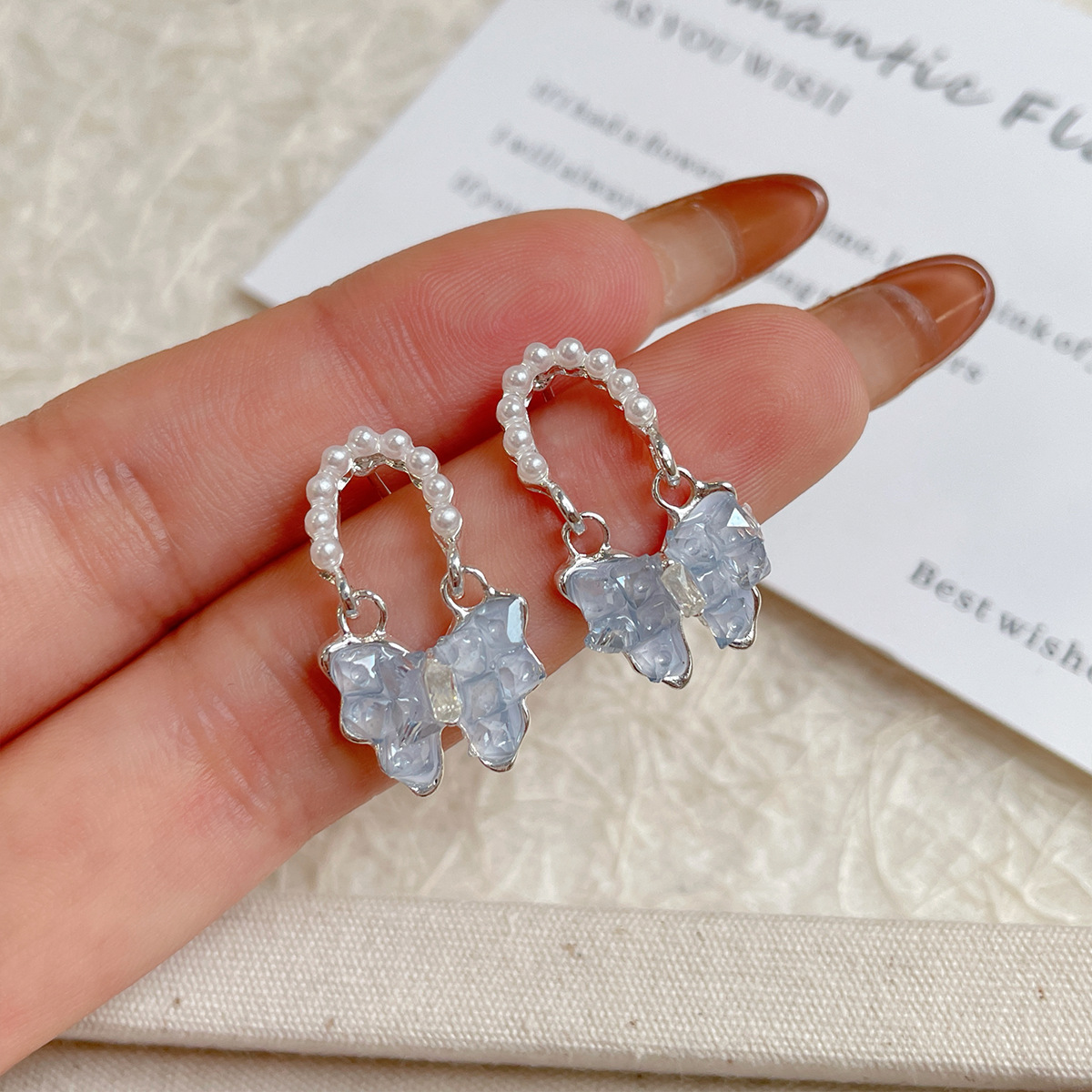 Blue Bow Crystal Earrings for Women Design Earrings Earrings Silver Pin Earrings Ins Earrings High-Grade Light Luxury