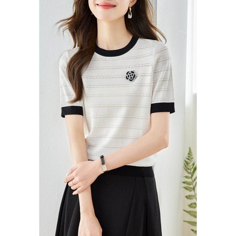 实拍新款冰丝条纹针织女夏短袖休闲时尚气质白色t恤女
