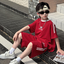 男童运动套装夏季红色衣服2024新款中大童儿童装休闲短袖篮球服潮