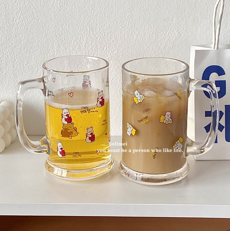 Korean Ins Style Bear Glass Household Large Capacity Milk Tea Cup Cold Extraction Coffee Cup Cool Drinks Cup Beer Steins