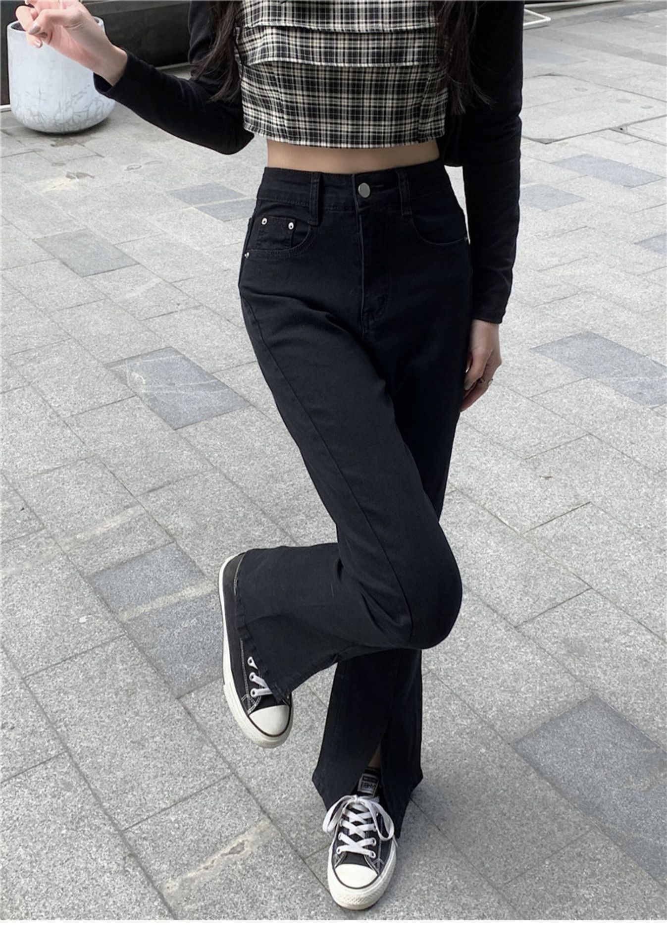 黑色开叉牛仔裤女设计感高腰显瘦宽松垂感大码梨形身材微喇叭裤子