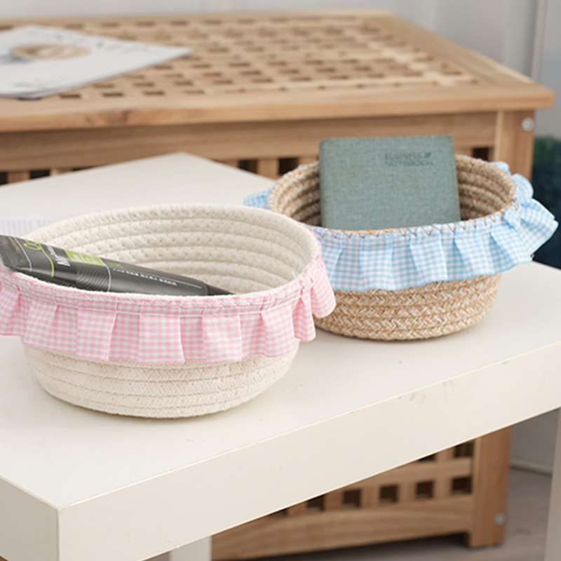 日系甜美收纳棉绳筐桌面棉绳编织收纳筐手工编织化妆品杂物零食筐