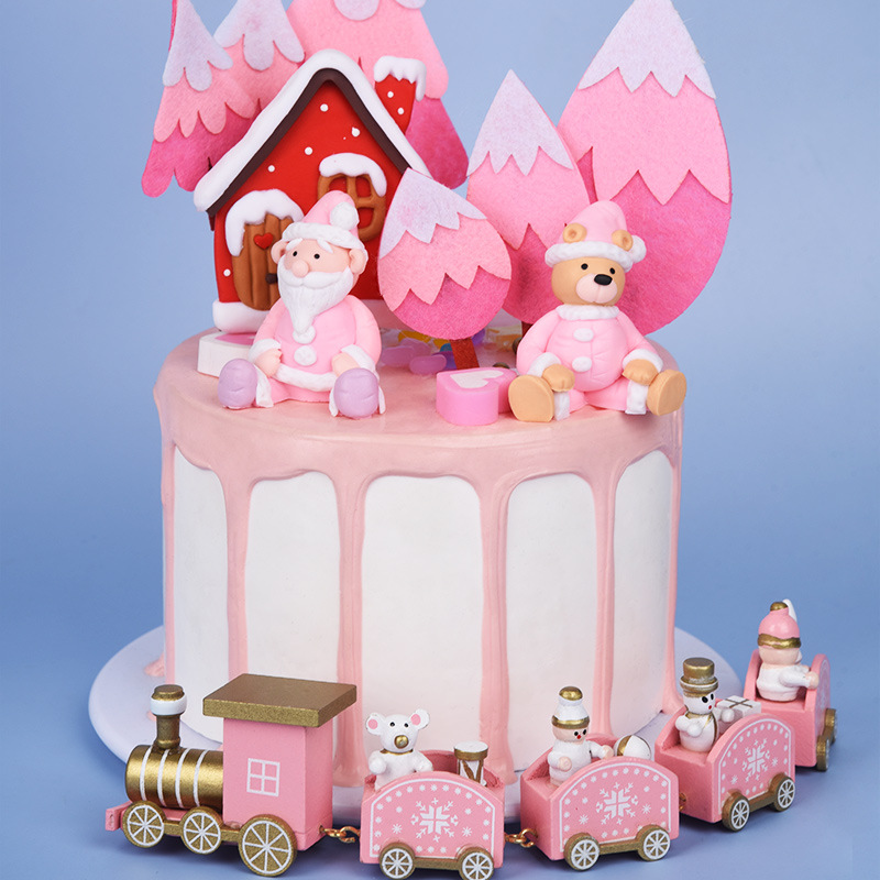 圣诞节生日蛋糕装饰摆件甜品装扮玩偶粉色圣诞毛毡树软陶小熊场地