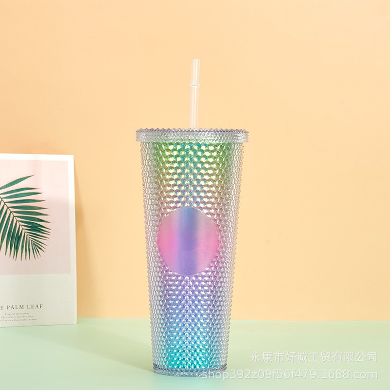 Factory Direct Supply Large Capacity 710ml Double-Layer Plastic Binding Durian Cup Laser Cardboard Bottom with Light Cup with Straw