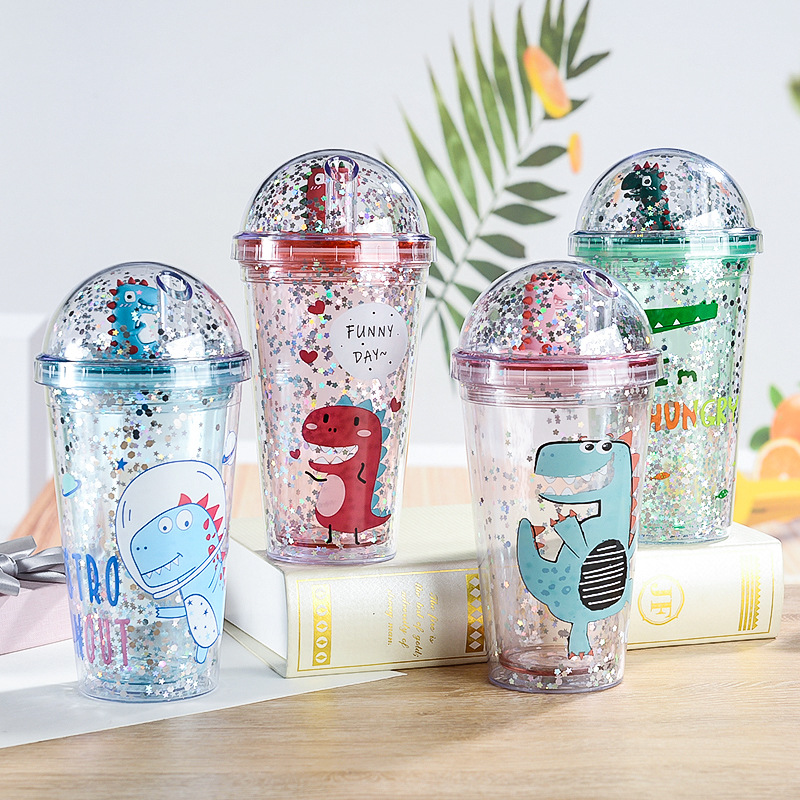 New Creative Dinosaur Double Plastic Straw Cup Good-looking Student Summer Ice Cup Cute Children Gift Cup