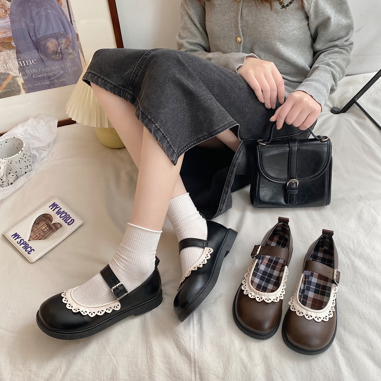 圆头软底浅口单鞋女2024新款春秋复古法式平底配裙子花边玛丽珍鞋