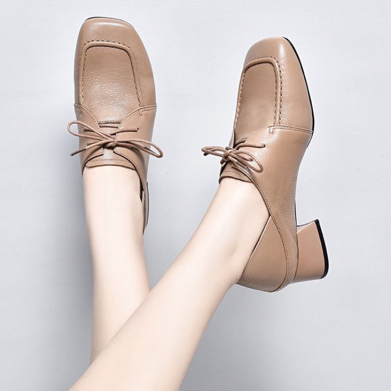大东真皮单鞋女鞋子2022年春秋新款英伦风小皮鞋爆款系带中跟女鞋