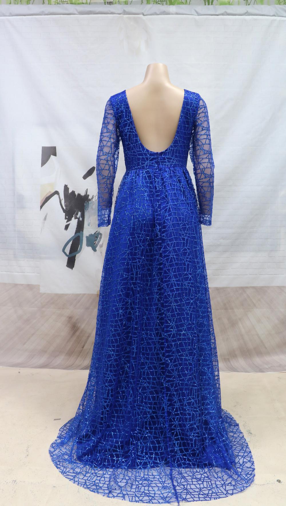 蓝色婚纱2021秋冬新款长袖烫金亮片大摆礼服性感v领宴会礼服新款