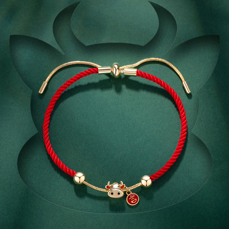 牛年红绳手链女抽拉简约小众设计感可爱吉福字开口银手镯本命年潮