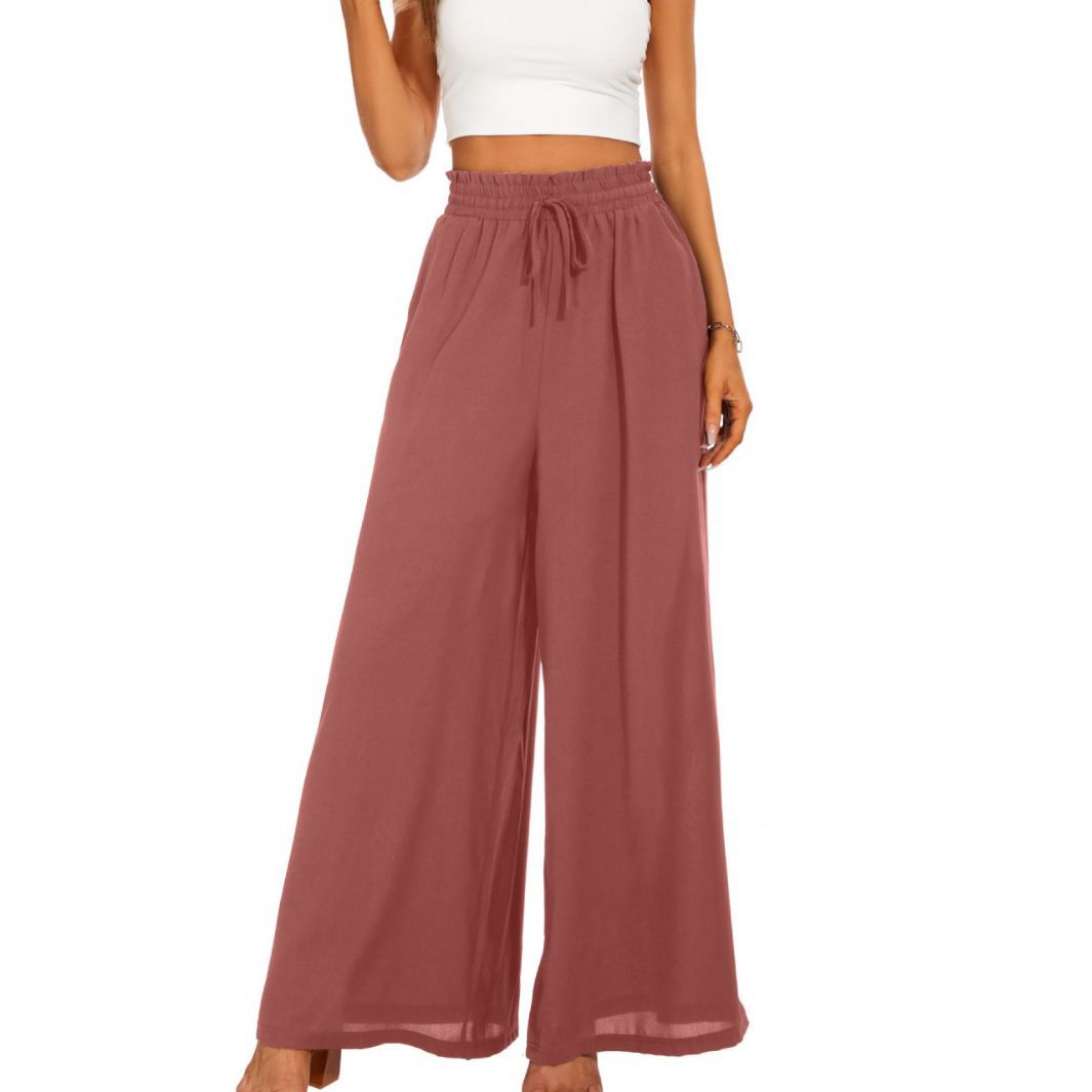 2023 Europe and America Cross Border Summer New Women's Wide-Leg Pants Elastic Waistband Wide Leg High Waist Long Culottes for Women