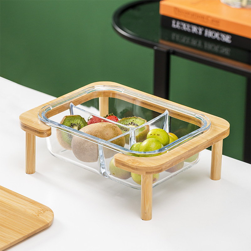 Creative Glass Compartment Fruit Plate Dried Fruit Box with Lid Afternoon Tea Snack Plate Household Fruit Platter Restaurant Snack Dish
