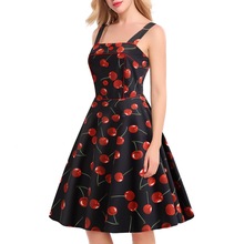 x速卖通eBay新品女装厂家货源性感背带单排扣装饰樱桃印花大摆裙