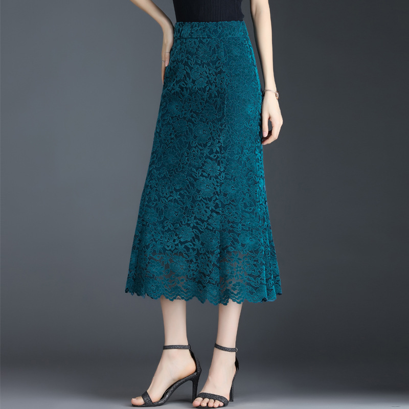 镂空孔雀花蕾丝半身裙女2021新款高腰包臀裙长款显瘦鱼尾一步裙夏