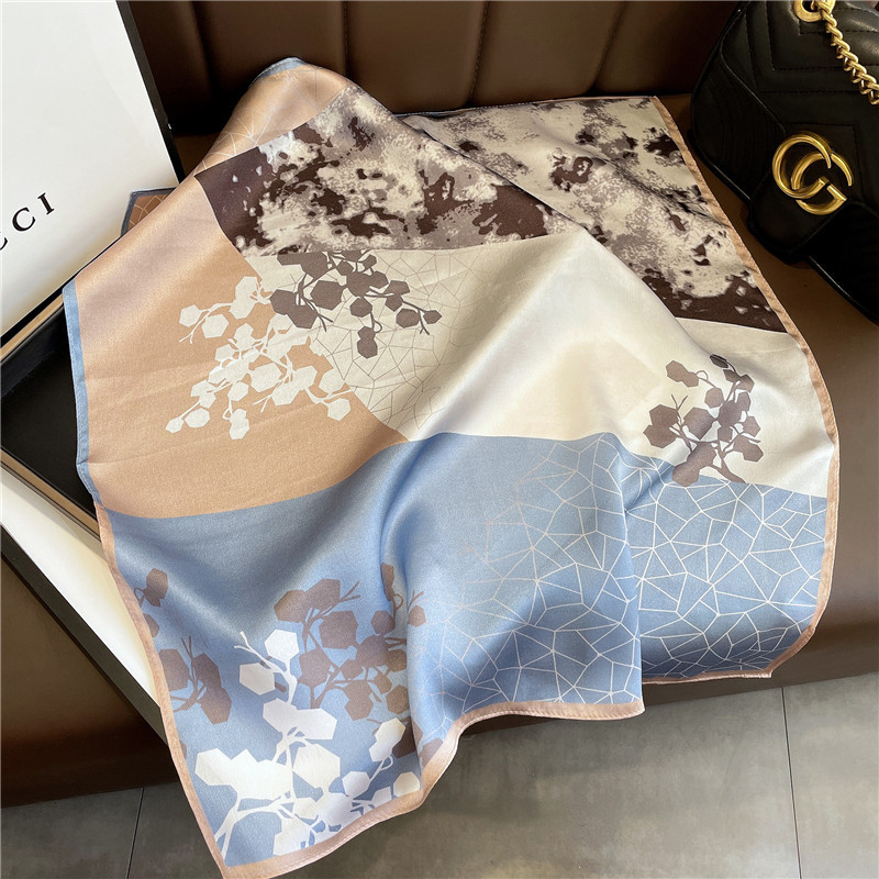 Spring and Autumn Korean Style Lightweight Stitching Tie-Dyed Flower Geometric Silk Mulberry Silk Scarf 53 Small Square Towel Workplace Women