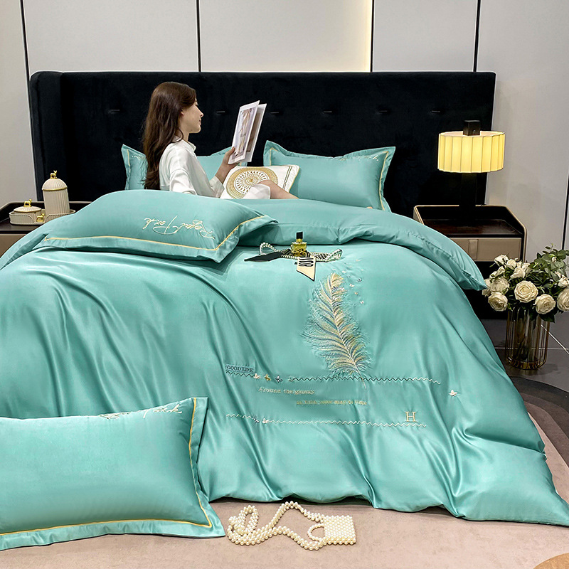 High-Grade Embroidery Tencel Four-Piece Set Summer Light Luxury Silk Cool Silk Quilt Cover Fitted Sheet Bed Product 1