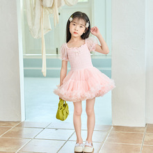 韩国女童网纱蕾丝连衣裙夏款洋气粉色星空公主裙超仙泡泡袖仙女裙