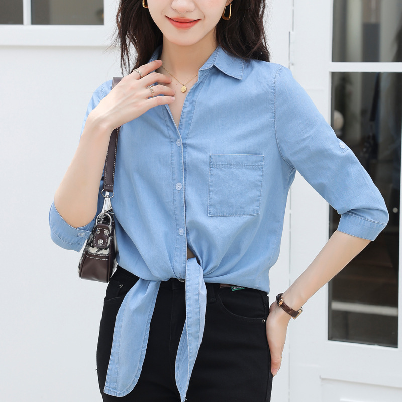 翻领七分袖下摆打结衬衫上衣2024夏季新款显瘦休闲薄款牛仔衬衣女