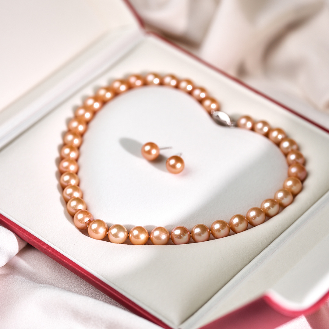 中国红珍珠项链淡水珍珠满串气质串链珍珠耳钉送妈妈国风首饰套装