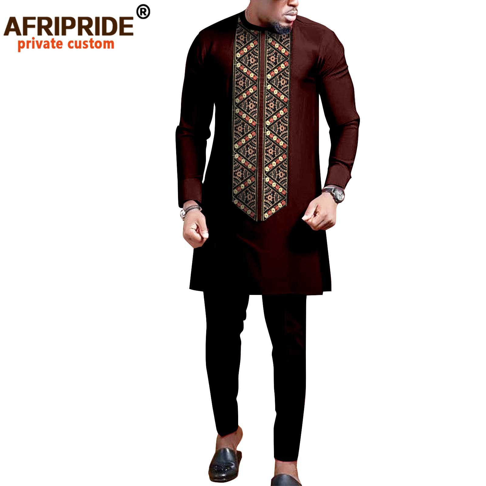 Foreign Trade African National Pure Color Cotton Men's Leisure Suit Top + Pants Afripride 2116052