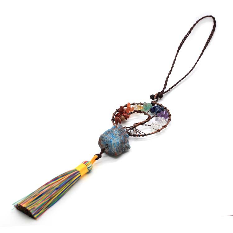 新品碎石绕线生命树圆形挂件 水晶石流苏车挂编织发财树汽车车饰