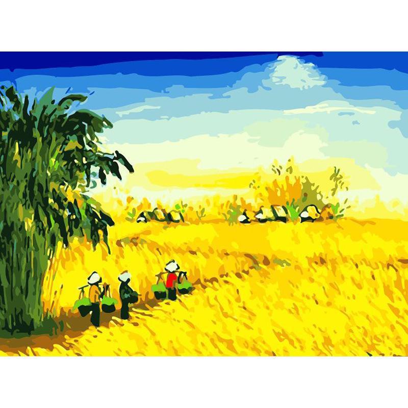 新款diy数字油画稻田金色彩画diy数字填色油画涂鸦填色装饰diy跨