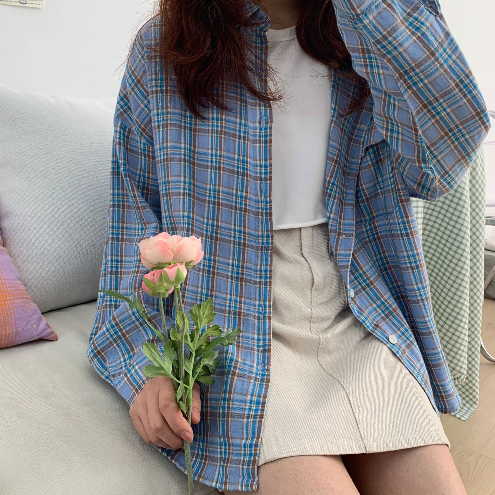 一沫制衣/春新款宽松日系复古格纹衬衫女 上衣外套三色格子c2025