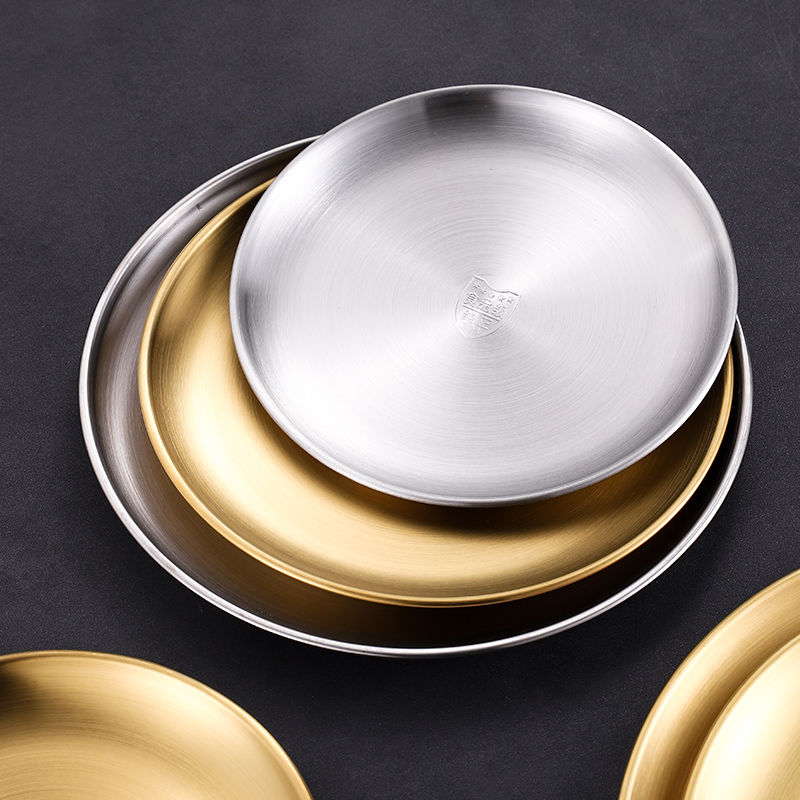 加厚304不锈钢圆盘金色餐厅托盘骨碟菜碟浅盘子点心甜品盘小吃盘