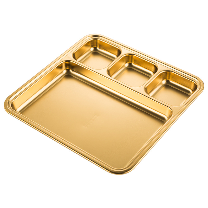Hz473 Stainless Steel 304 Korean Grill Tray with Sauce Dish Gold Compartment Tray Snack Plate Steak Plate Dipping Plate