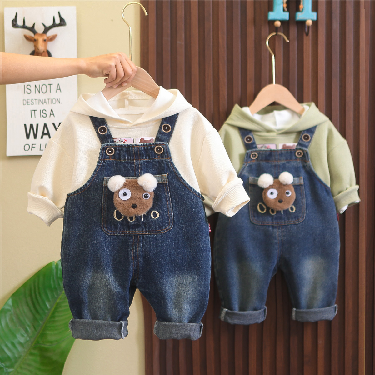 Baby Clothes Spring Korean Style Western Style Hooded Suspender Pants Two-Piece Suit One-Year-Old Baby Boy Spring Trousers Fashionable Suit