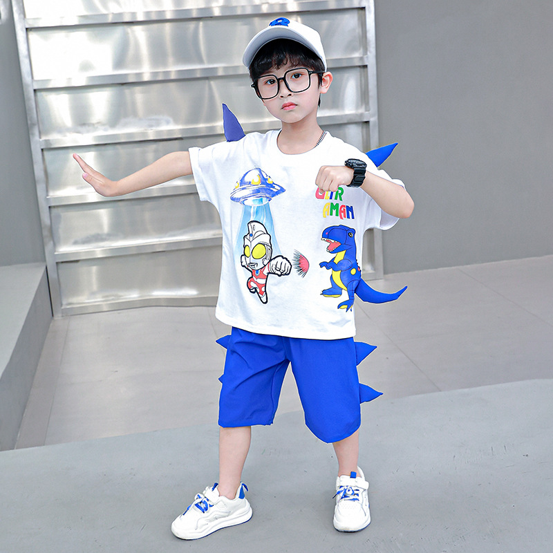 Children's Clothing 2023 Summer New Boys' Short-Sleeved Suit Casual Summer Children Ultraman Horn Dinosaur Suit Fashion