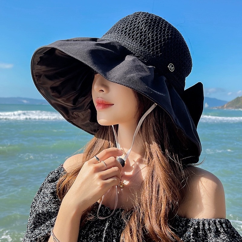 Sun Hat Female Summer Uv Protection Face Cover Sun-Proof Hat Air Top Big Brim Foldable Ponytail Beach Sun Hat