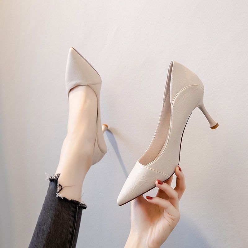 女高跟鞋米色细跟春夏新款软皮百搭不磨脚单鞋尖头女鞋