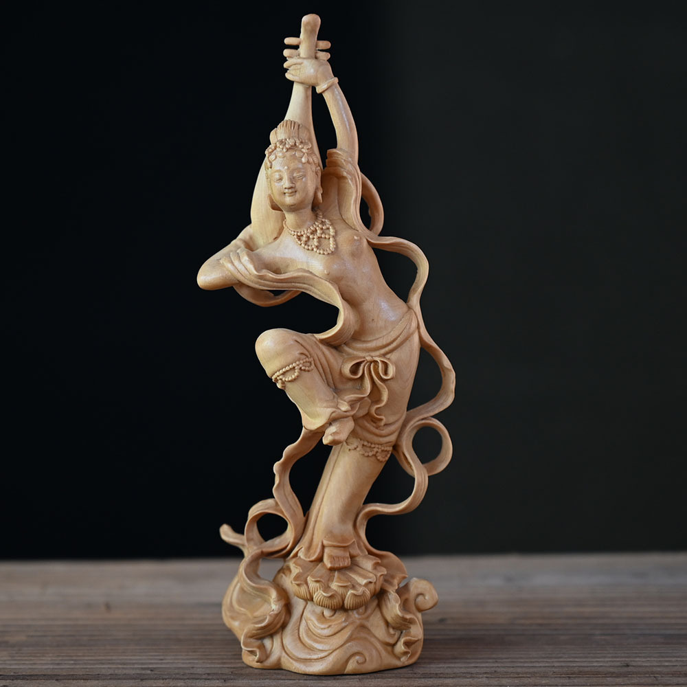 黄杨木敦煌飞天仕女木雕摆件 木质工艺品古典美女家居办公摆饰