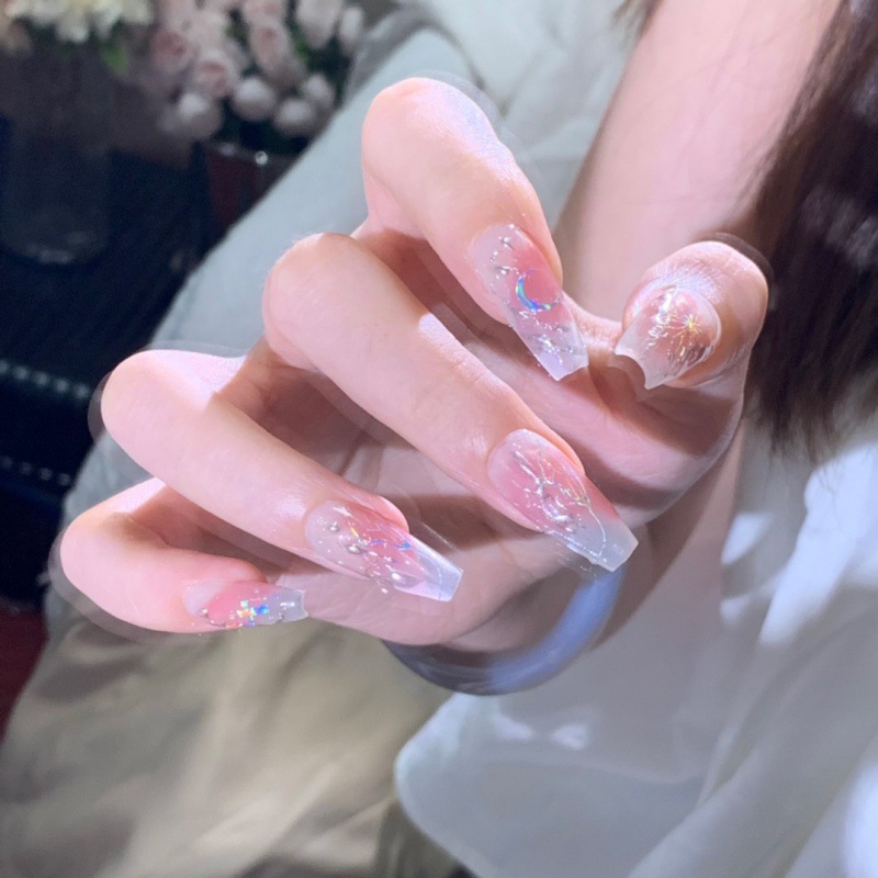 Handmade Wear Nail Mid-Length Pink Ice Transparent Finished Product Wear Manicure Handmade Butterfly Temperament White Nail Shaped Piece
