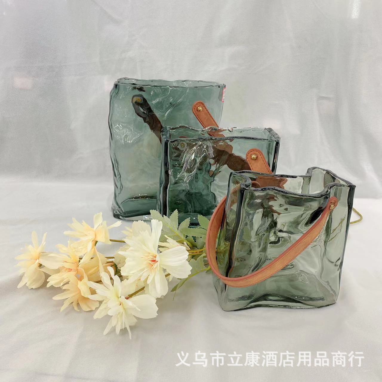 Internet Hot Glass Bag Vase Nordic Creative and Slightly Luxury Fashion Leather Portable Glass Vase Simple Fish Tank Decoration