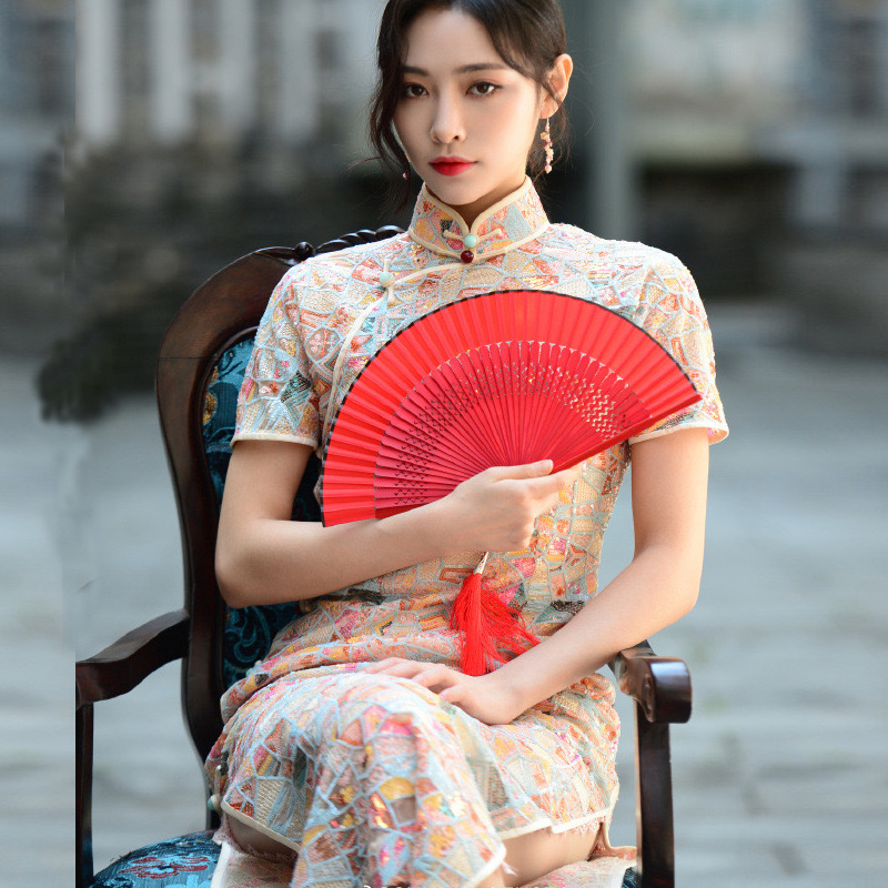 许佳琪明星同款旗袍亮片刺绣复古中国风年轻款少女改良版连衣裙子