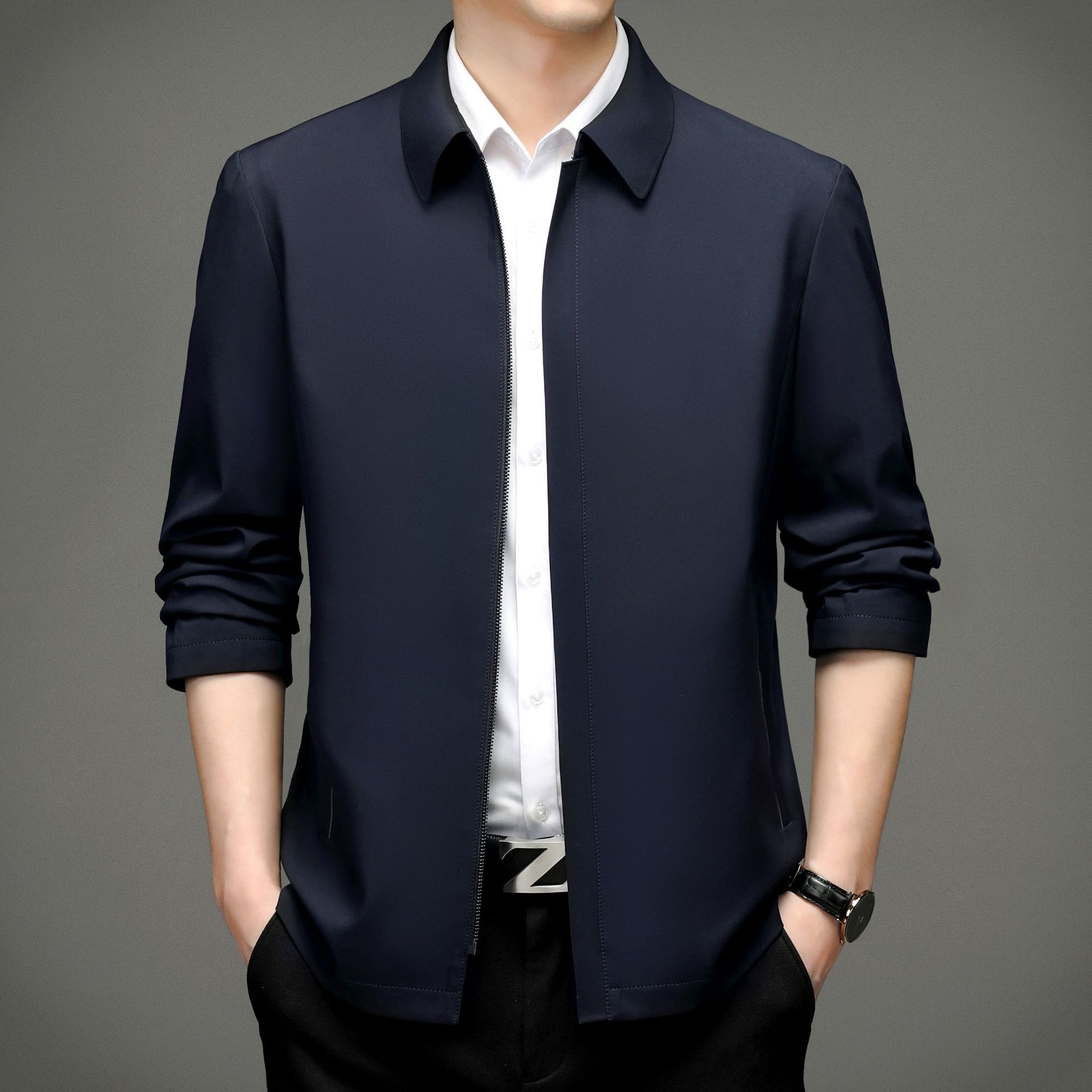 春秋款男士翻领百搭中年拉链夹克免烫商务休闲领导干部正装外套