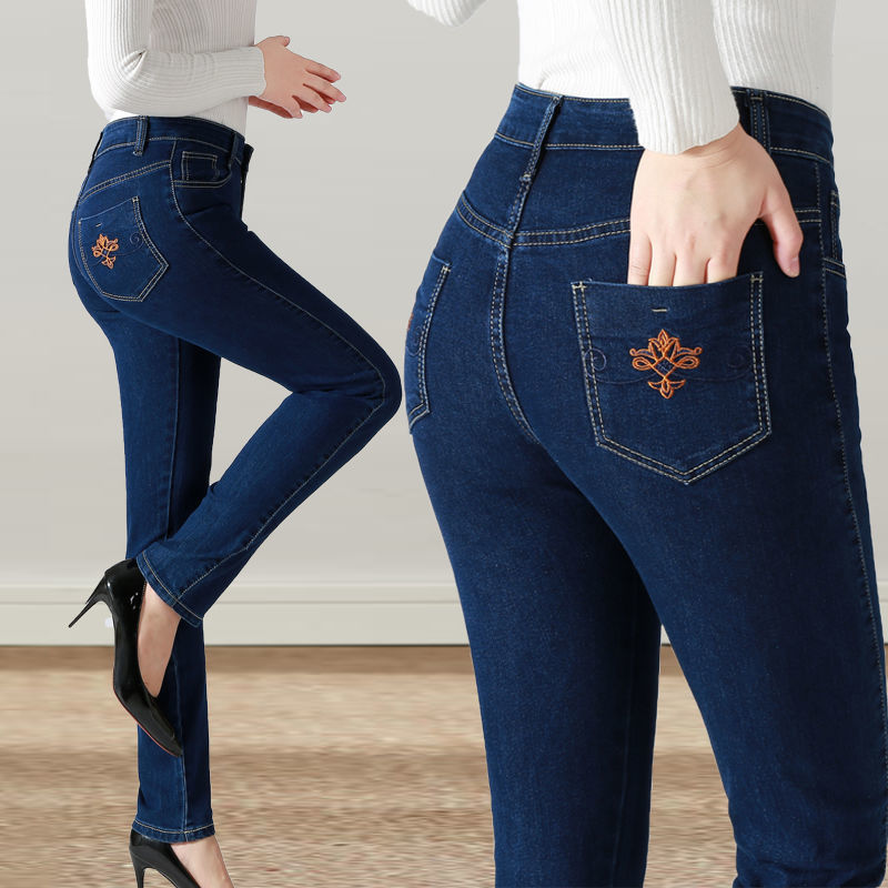 春秋款中年妈妈牛仔裤女高腰宽松直筒休闲长裤弹力裤子加大码女裤