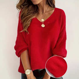 欧美秋冬跨境V领毛衣女时尚个性宽松通勤针织纯色套头针织衫毛衣